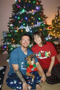 Th Mister, Audie, and I doing standard in front of the tree snaps.